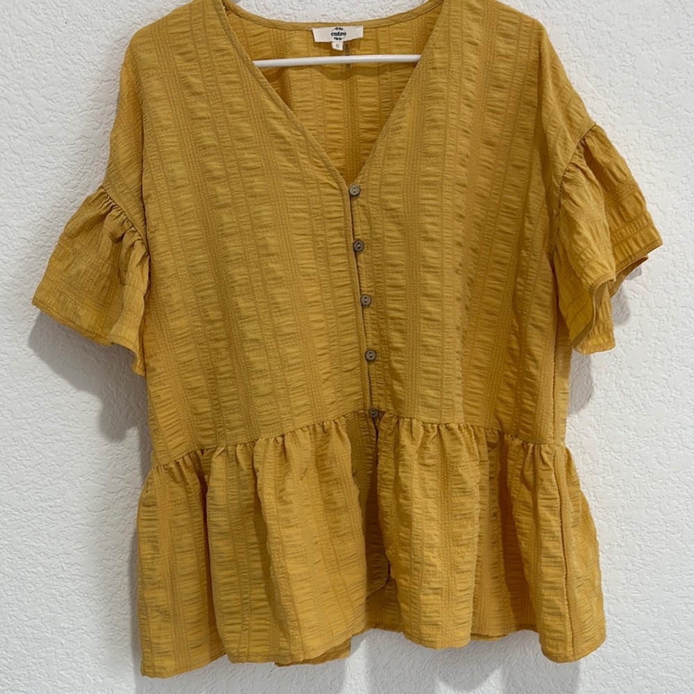 Mustard Button-Down Ruffle Top